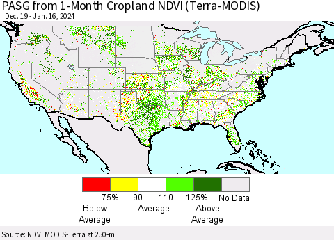 United States PASG from 1-Month Cropland NDVI (Terra-MODIS) Thematic Map For 1/9/2024 - 1/16/2024