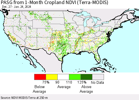 United States PASG from 1-Month Cropland NDVI (Terra-MODIS) Thematic Map For 1/17/2024 - 1/24/2024