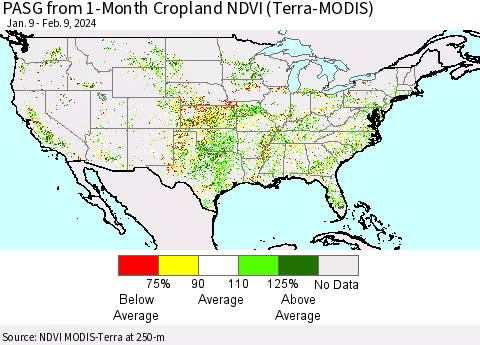 United States PASG from 1-Month Cropland NDVI (Terra-MODIS) Thematic Map For 2/2/2024 - 2/9/2024