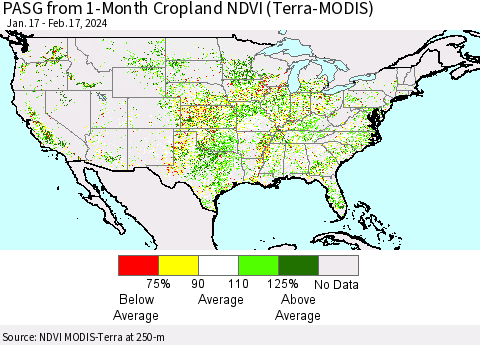 United States PASG from 1-Month Cropland NDVI (Terra-MODIS) Thematic Map For 2/10/2024 - 2/17/2024