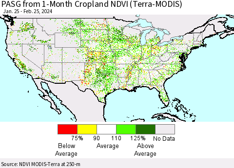 United States PASG from 1-Month Cropland NDVI (Terra-MODIS) Thematic Map For 2/18/2024 - 2/25/2024