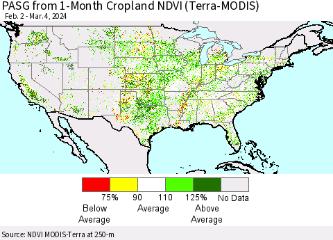 United States PASG from 1-Month Cropland NDVI (Terra-MODIS) Thematic Map For 2/26/2024 - 3/4/2024