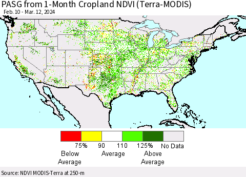 United States PASG from 1-Month Cropland NDVI (Terra-MODIS) Thematic Map For 3/5/2024 - 3/12/2024