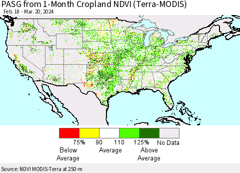 United States PASG from 1-Month Cropland NDVI (Terra-MODIS) Thematic Map For 3/13/2024 - 3/20/2024