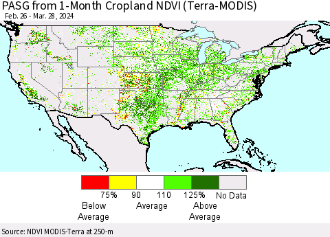 United States PASG from 1-Month Cropland NDVI (Terra-MODIS) Thematic Map For 3/21/2024 - 3/28/2024
