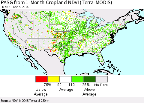 United States PASG from 1-Month Cropland NDVI (Terra-MODIS) Thematic Map For 3/29/2024 - 4/5/2024