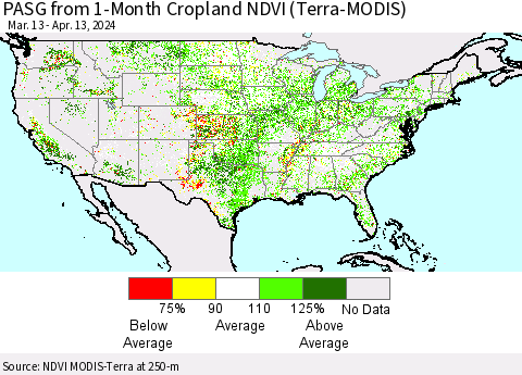 United States PASG from 1-Month Cropland NDVI (Terra-MODIS) Thematic Map For 4/6/2024 - 4/13/2024