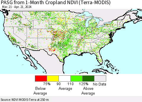 United States PASG from 1-Month Cropland NDVI (Terra-MODIS) Thematic Map For 4/14/2024 - 4/21/2024
