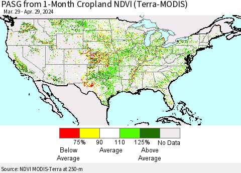 United States PASG from 1-Month Cropland NDVI (Terra-MODIS) Thematic Map For 4/22/2024 - 4/29/2024