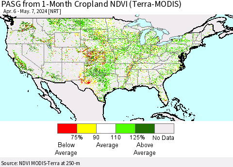 United States PASG from 1-Month Cropland NDVI (Terra-MODIS) Thematic Map For 4/30/2024 - 5/7/2024