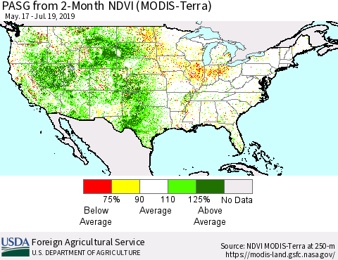 United States PASG from 2-Month NDVI (Terra-MODIS) Thematic Map For 7/11/2019 - 7/20/2019