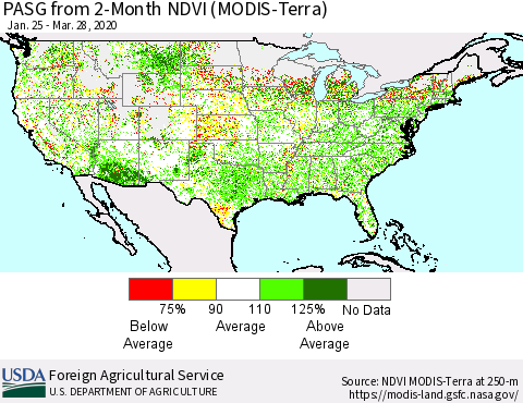 United States PASG from 2-Month NDVI (Terra-MODIS) Thematic Map For 3/21/2020 - 3/31/2020