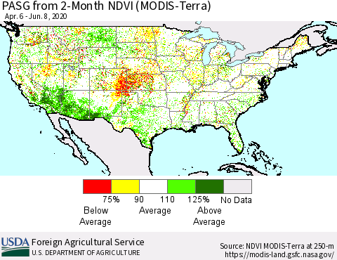 United States PASG from 2-Month NDVI (Terra-MODIS) Thematic Map For 6/1/2020 - 6/10/2020