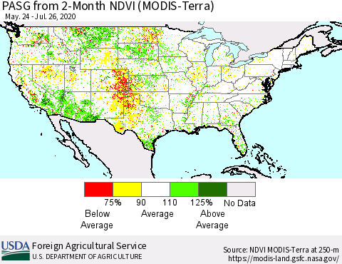 United States PASG from 2-Month NDVI (Terra-MODIS) Thematic Map For 7/21/2020 - 7/31/2020