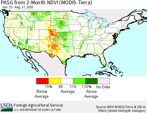 United States PASG from 2-Month NDVI (Terra-MODIS) Thematic Map For 8/21/2020 - 8/31/2020