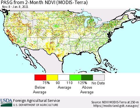 United States PASG from 2-Month NDVI (MODIS-Terra) Thematic Map For 1/1/2021 - 1/10/2021