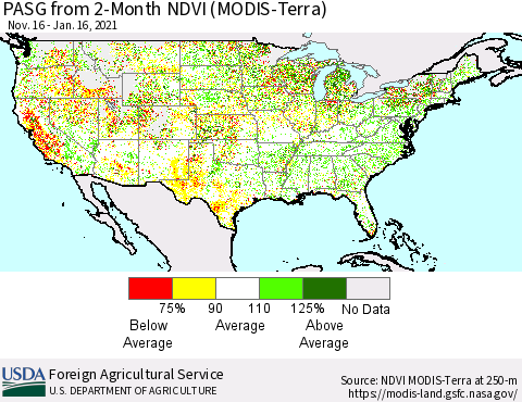 United States PASG from 2-Month NDVI (MODIS-Terra) Thematic Map For 1/11/2021 - 1/20/2021