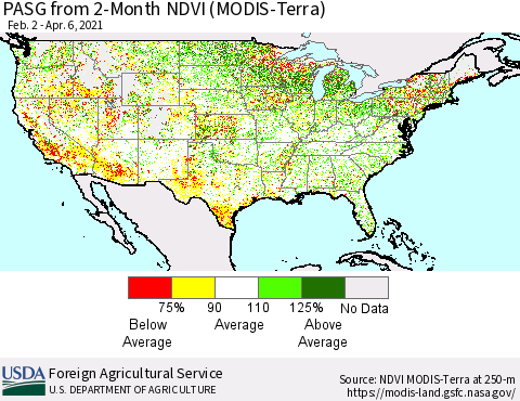United States PASG from 2-Month NDVI (MODIS-Terra) Thematic Map For 4/1/2021 - 4/10/2021