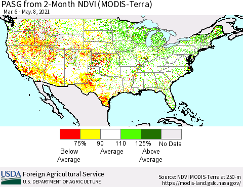 United States PASG from 2-Month NDVI (Terra-MODIS) Thematic Map For 5/1/2021 - 5/10/2021