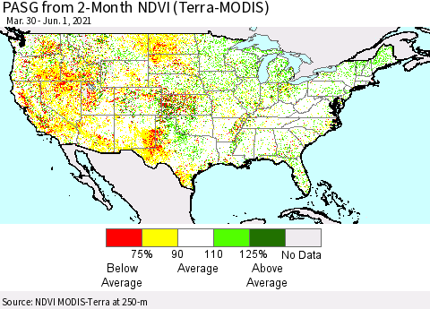 United States PASG from 2-Month NDVI (Terra-MODIS) Thematic Map For 5/25/2021 - 6/1/2021