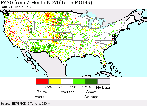 United States PASG from 2-Month NDVI (Terra-MODIS) Thematic Map For 10/16/2021 - 10/23/2021