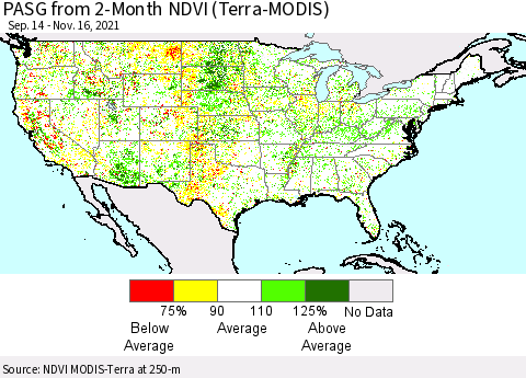 United States PASG from 2-Month NDVI (Terra-MODIS) Thematic Map For 11/9/2021 - 11/16/2021