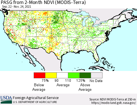 United States PASG from 2-Month NDVI (Terra-MODIS) Thematic Map For 11/21/2021 - 11/30/2021