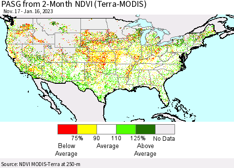 United States PASG from 2-Month NDVI (Terra-MODIS) Thematic Map For 1/9/2023 - 1/16/2023