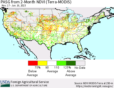 United States PASG from 2-Month NDVI (Terra-MODIS) Thematic Map For 1/11/2023 - 1/20/2023