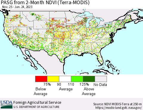 United States PASG from 2-Month NDVI (Terra-MODIS) Thematic Map For 1/21/2023 - 1/31/2023