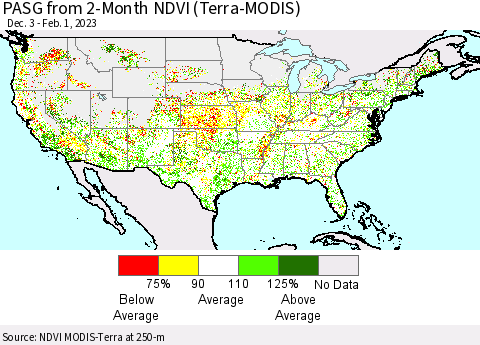 United States PASG from 2-Month NDVI (Terra-MODIS) Thematic Map For 1/25/2023 - 2/1/2023