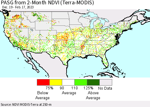 United States PASG from 2-Month NDVI (Terra-MODIS) Thematic Map For 2/10/2023 - 2/17/2023