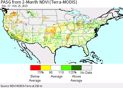 United States PASG from 2-Month NDVI (Terra-MODIS) Thematic Map For 2/18/2023 - 2/25/2023
