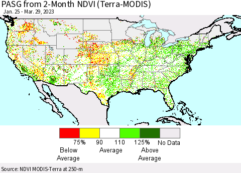 United States PASG from 2-Month NDVI (Terra-MODIS) Thematic Map For 3/22/2023 - 3/29/2023