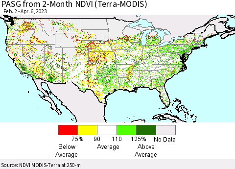 United States PASG from 2-Month NDVI (Terra-MODIS) Thematic Map For 3/30/2023 - 4/6/2023