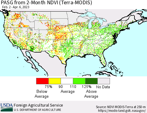 United States PASG from 2-Month NDVI (Terra-MODIS) Thematic Map For 4/1/2023 - 4/10/2023