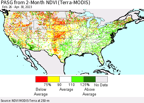 United States PASG from 2-Month NDVI (Terra-MODIS) Thematic Map For 4/21/2023 - 4/30/2023