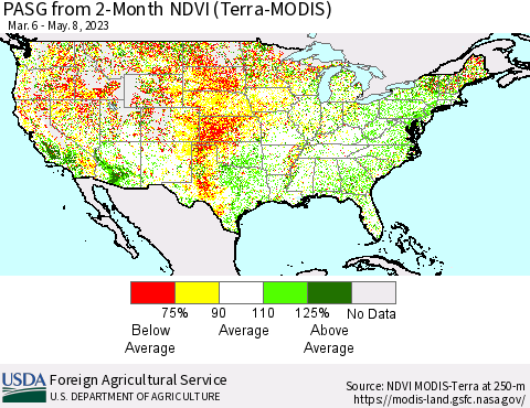 United States PASG from 2-Month NDVI (Terra-MODIS) Thematic Map For 5/1/2023 - 5/10/2023