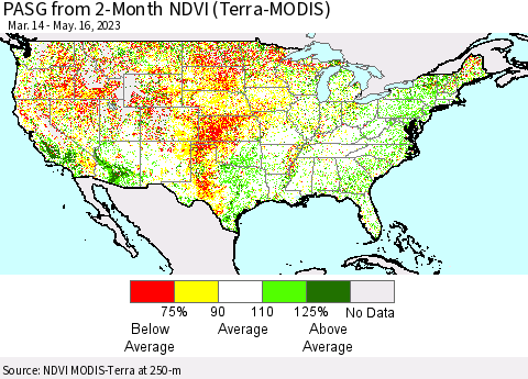 United States PASG from 2-Month NDVI (Terra-MODIS) Thematic Map For 5/9/2023 - 5/16/2023