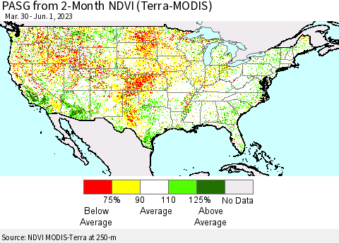 United States PASG from 2-Month NDVI (Terra-MODIS) Thematic Map For 5/25/2023 - 6/1/2023