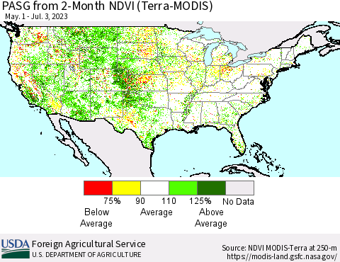 United States PASG from 2-Month NDVI (Terra-MODIS) Thematic Map For 7/1/2023 - 7/10/2023