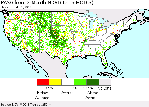 United States PASG from 2-Month NDVI (Terra-MODIS) Thematic Map For 7/4/2023 - 7/11/2023