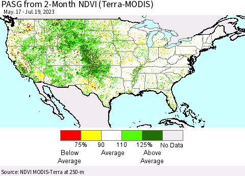 United States PASG from 2-Month NDVI (Terra-MODIS) Thematic Map For 7/12/2023 - 7/19/2023