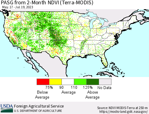 United States PASG from 2-Month NDVI (Terra-MODIS) Thematic Map For 7/11/2023 - 7/20/2023