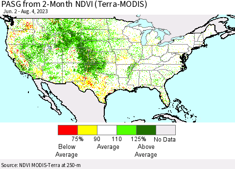 United States PASG from 2-Month NDVI (Terra-MODIS) Thematic Map For 7/28/2023 - 8/4/2023