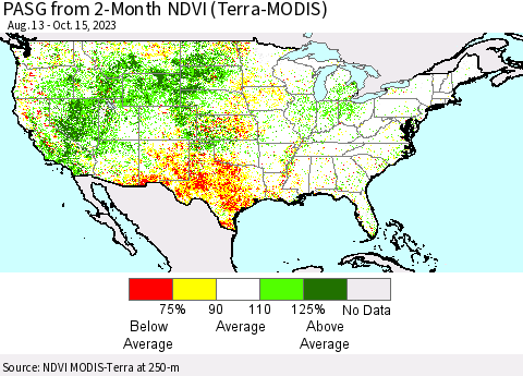 United States PASG from 2-Month NDVI (Terra-MODIS) Thematic Map For 10/8/2023 - 10/15/2023