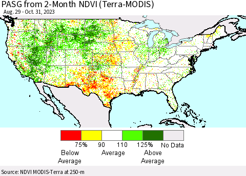 United States PASG from 2-Month NDVI (Terra-MODIS) Thematic Map For 10/24/2023 - 10/31/2023