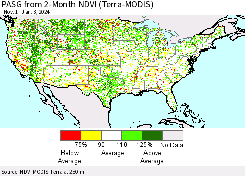 United States PASG from 2-Month NDVI (Terra-MODIS) Thematic Map For 12/27/2023 - 1/3/2024