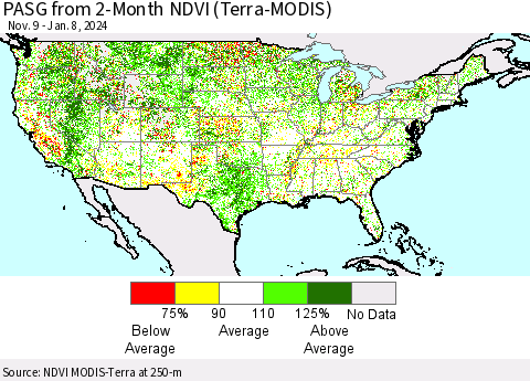 United States PASG from 2-Month NDVI (Terra-MODIS) Thematic Map For 1/1/2024 - 1/8/2024