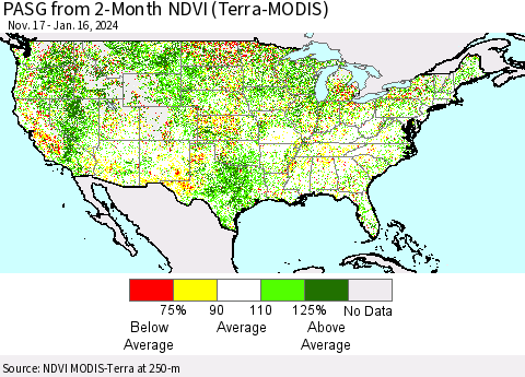 United States PASG from 2-Month NDVI (Terra-MODIS) Thematic Map For 1/9/2024 - 1/16/2024